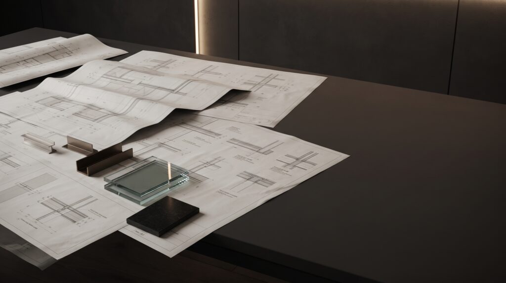 Architectural project documentation with technical drawings and material samples