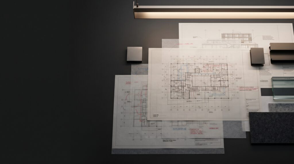 Architectural design coordination with plans, technical drawings and project documentation