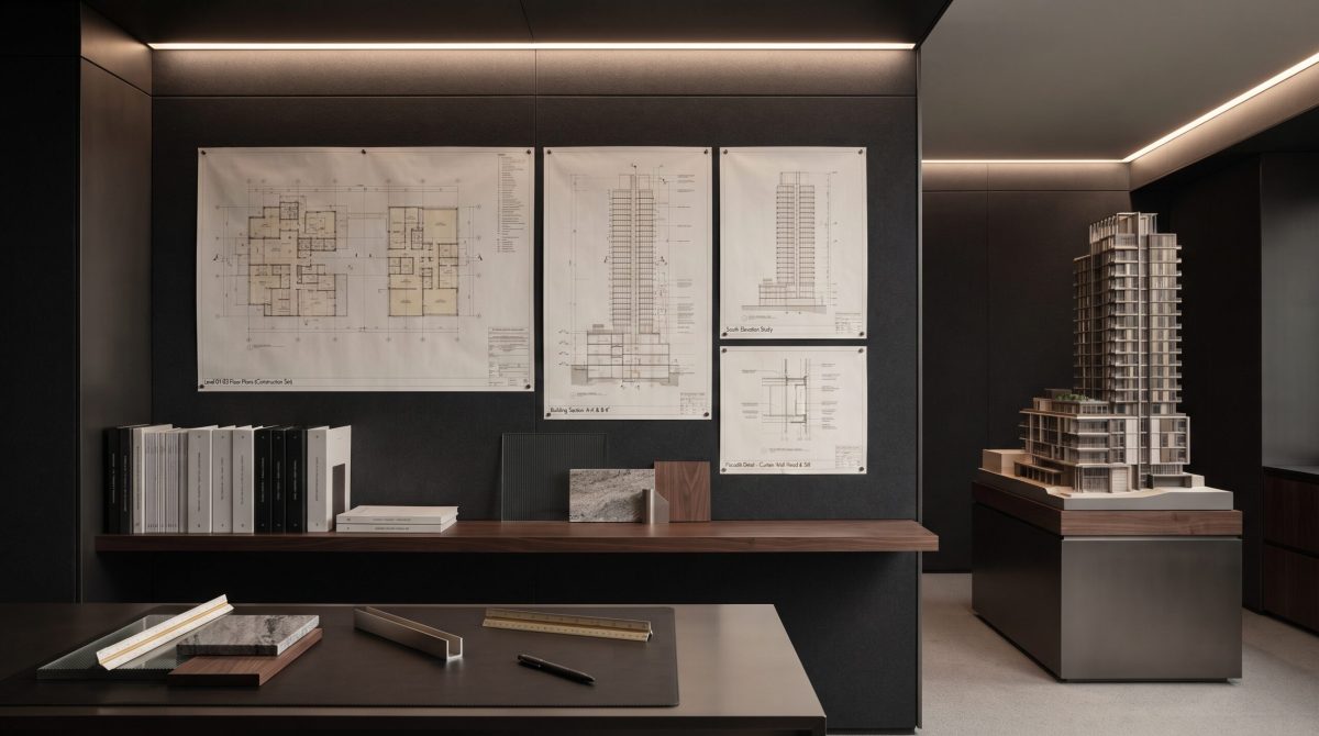 Architectural design studio with project drawings and technical documentation