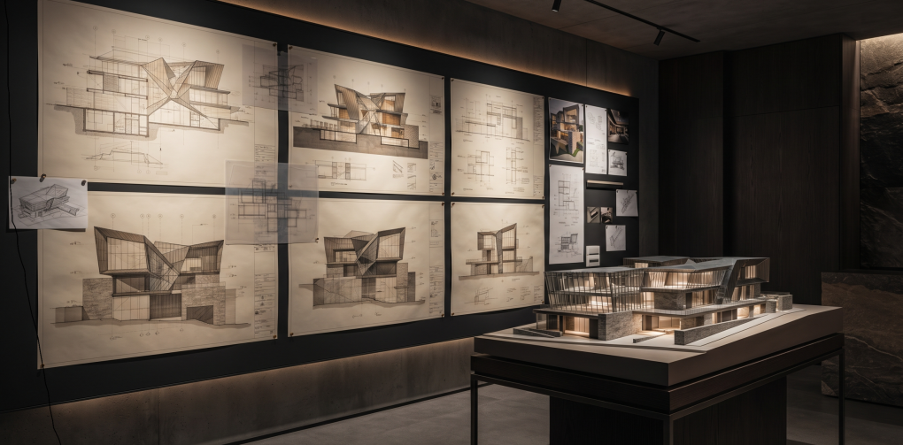 Architectural design studio with project drawings and material studies